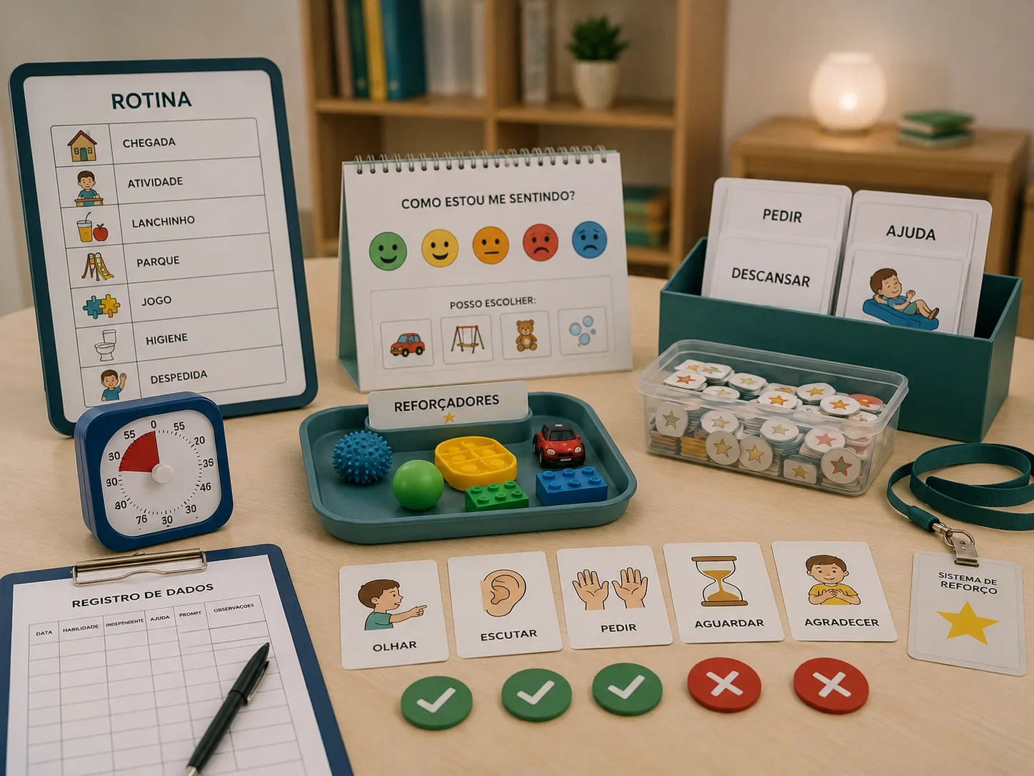 Materiais estruturados para comunicação, rotina e acompanhamento em Terapia ABA