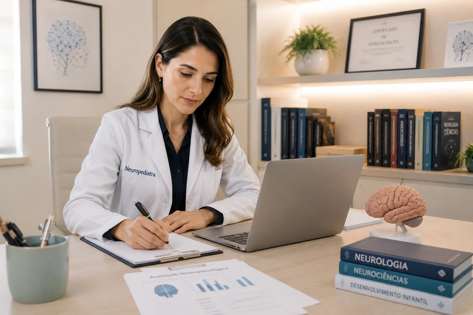 Médica analisando informações clínicas em consulta de neuropediatria