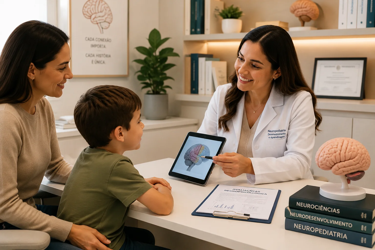 Consulta presencial de neuropediatria com criança e responsável