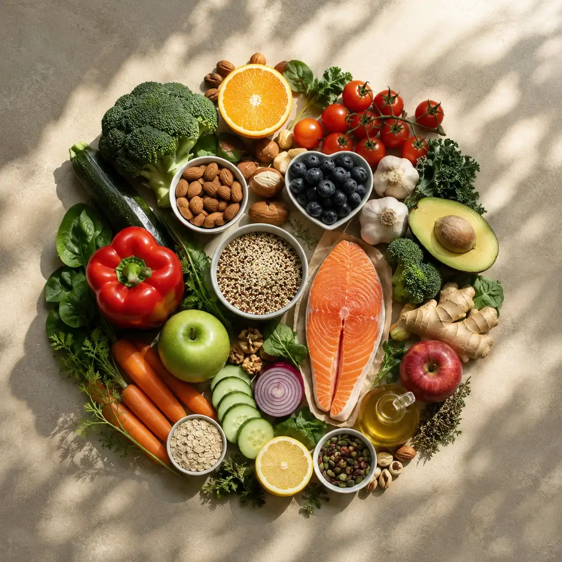 Alimentos variados que representam escolhas nutricionais equilibradas