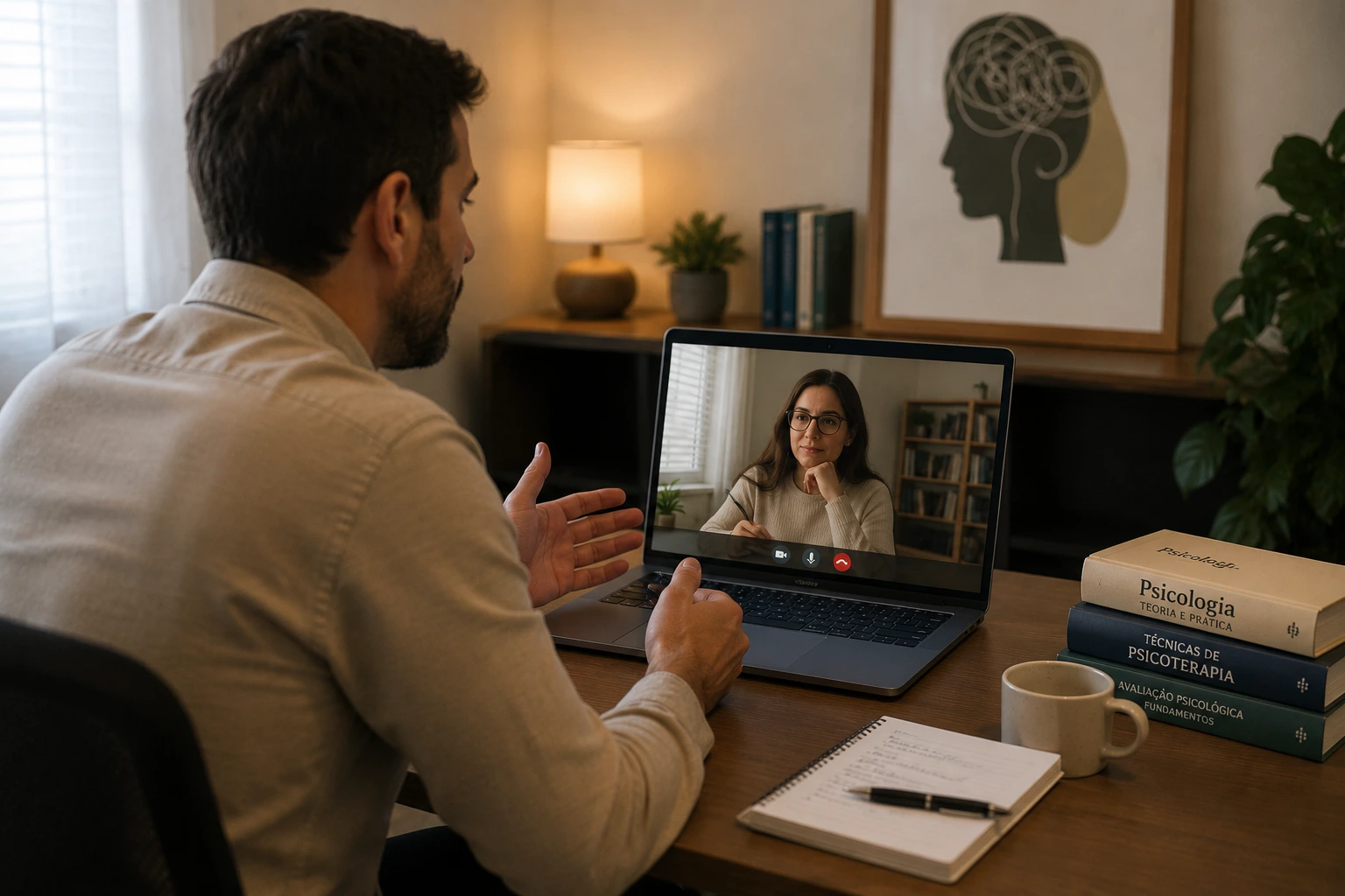 Paciente participando de sessão de terapia online em casa