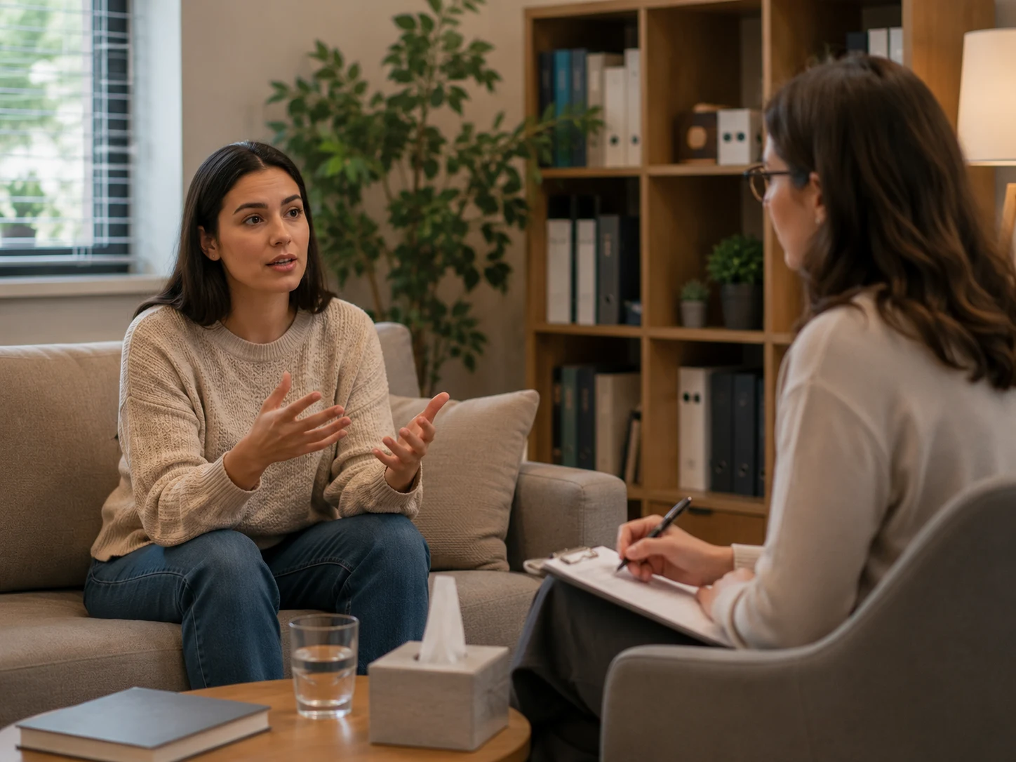 Sessão de psicoterapia com adulto em ambiente acolhedor