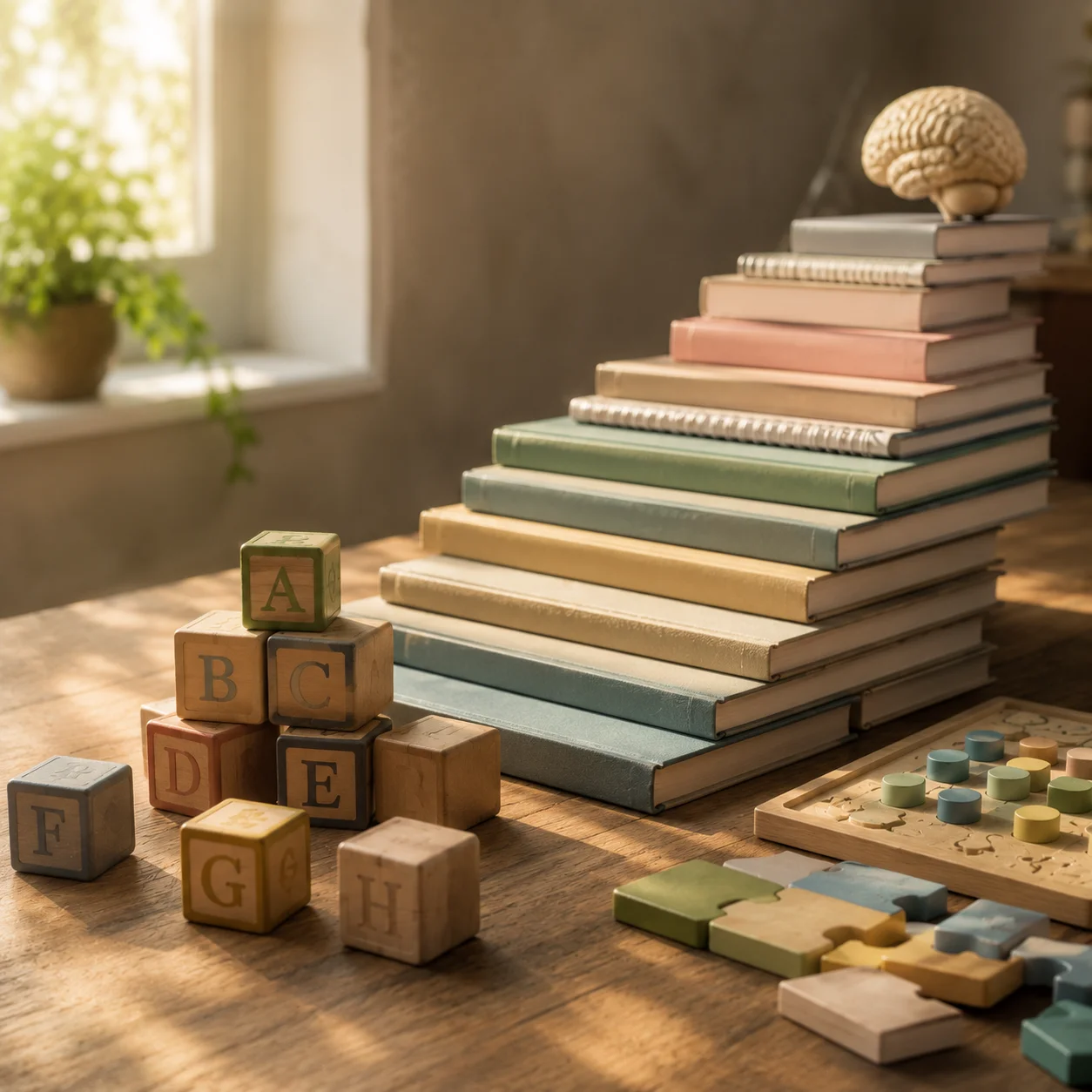 Livros e recursos educativos representando aprendizagem e desenvolvimento