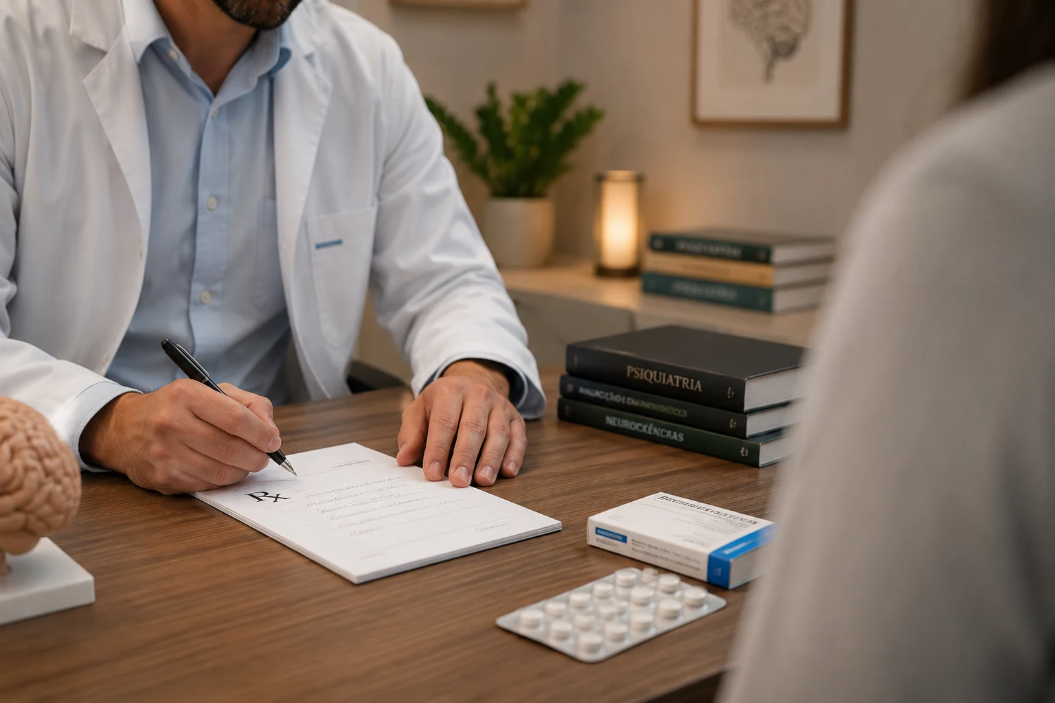 Psiquiatra explicando uma prescrição durante a consulta